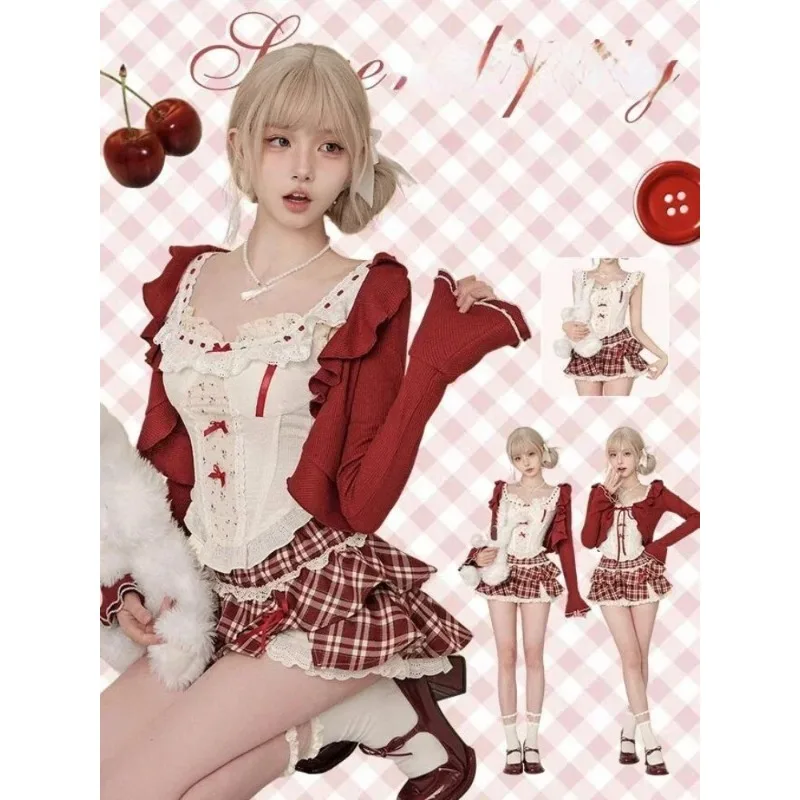 

Japanese Kawaii Clothing 2 Piece Skirts Sets Autumn Casuall Japanese Y2k Crop Tops Blouse + Mini Skirts Vintage Lolita Suits