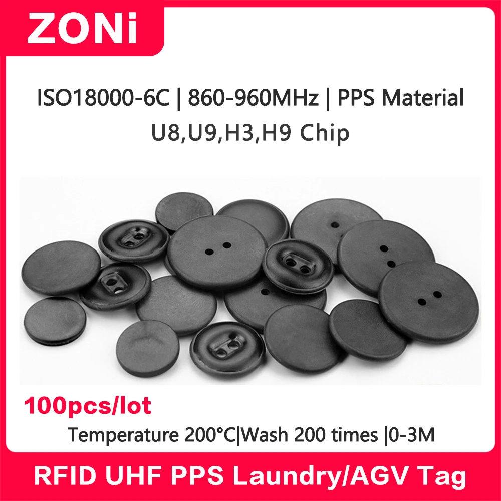 Passive RFID UHF Laundry PPS Tag 860-960MHz High Temperature Resistant PPS-button Smart Tag Card ISO18000-6C Good Quality 100PCS