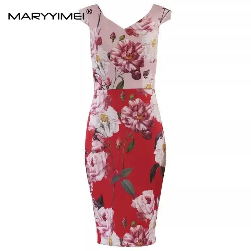 

MARYYIMEI Fashion Designer Summer Women's dress V-neck Floral-Print Slim Package hip Dresses