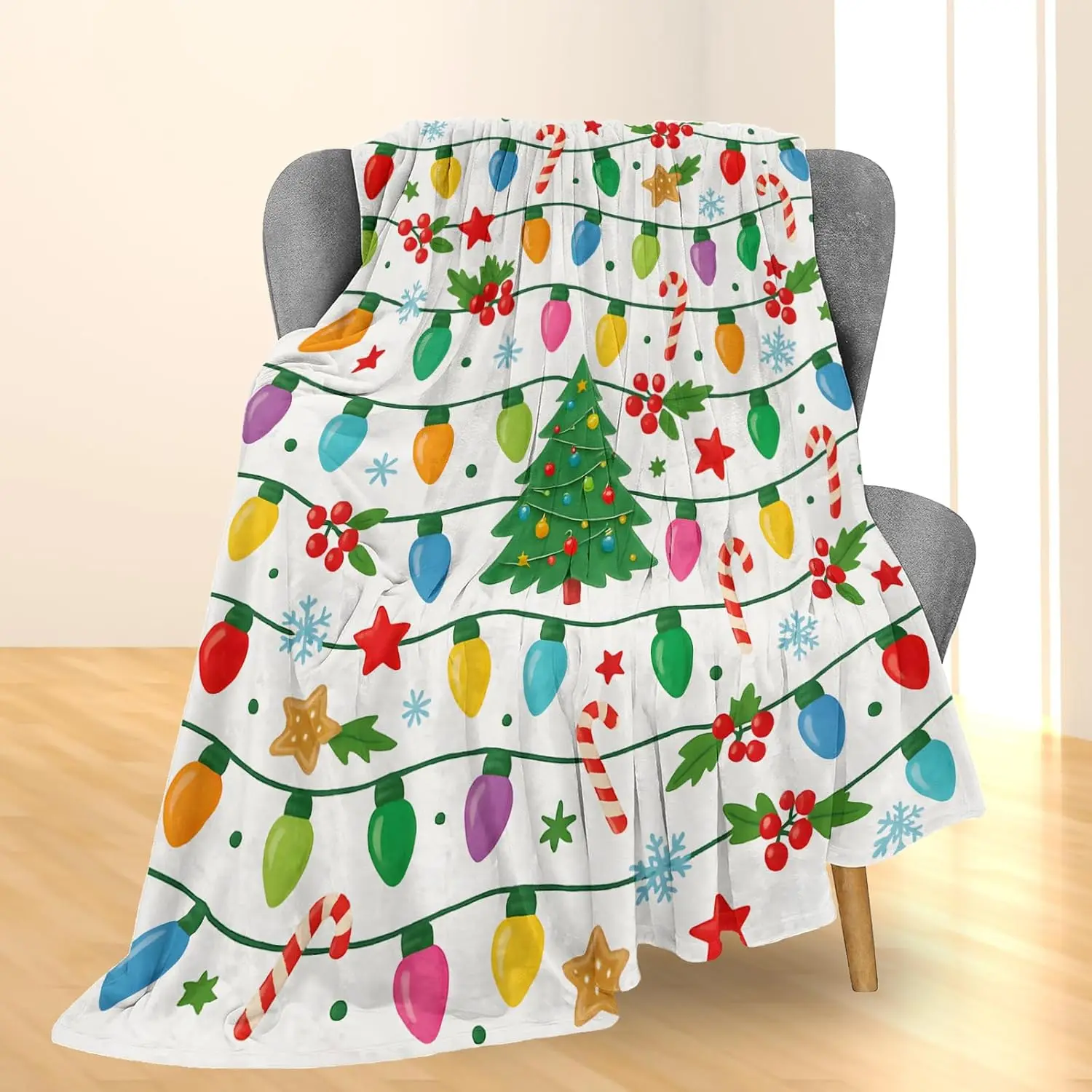 Festive Christmas Holiday Throw Blanket Xmas Lights Garland Ornament Winter Cozy Home Decor Seasonal Decorative Xmas Gift Idea