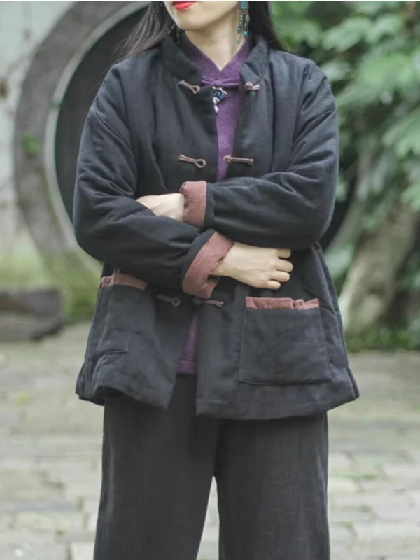 Thiened ort Cotton Jaet レディース スタンドカラー ボタンアップ 暖かい 冬 アウター レトロ スレ 通勤に優しい ストレートカット