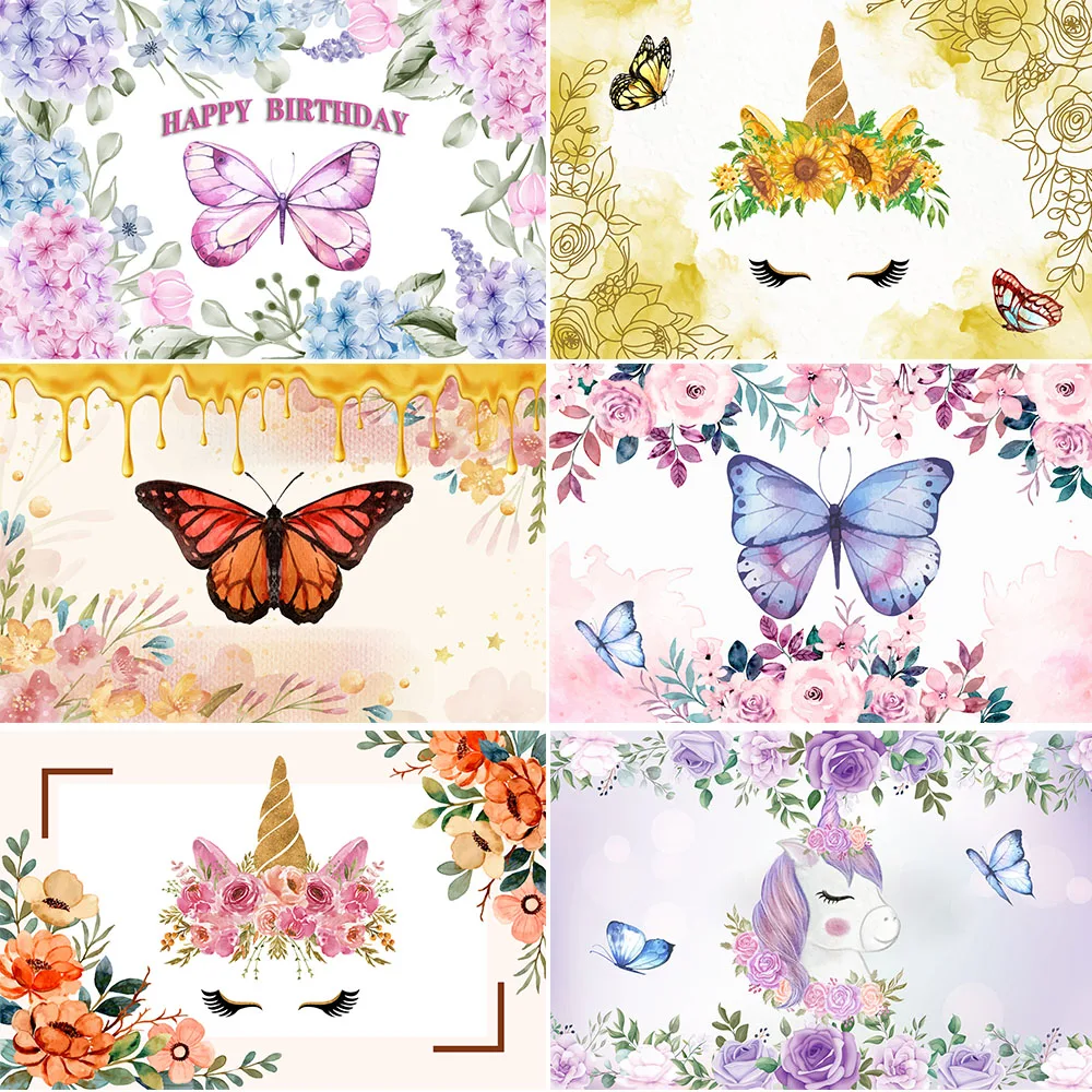 Butterfly Princess Flowers Birthday Party Decoration Backdrop Baby Shower Hanging Flag Photographic Backgrounds For Photo Studio