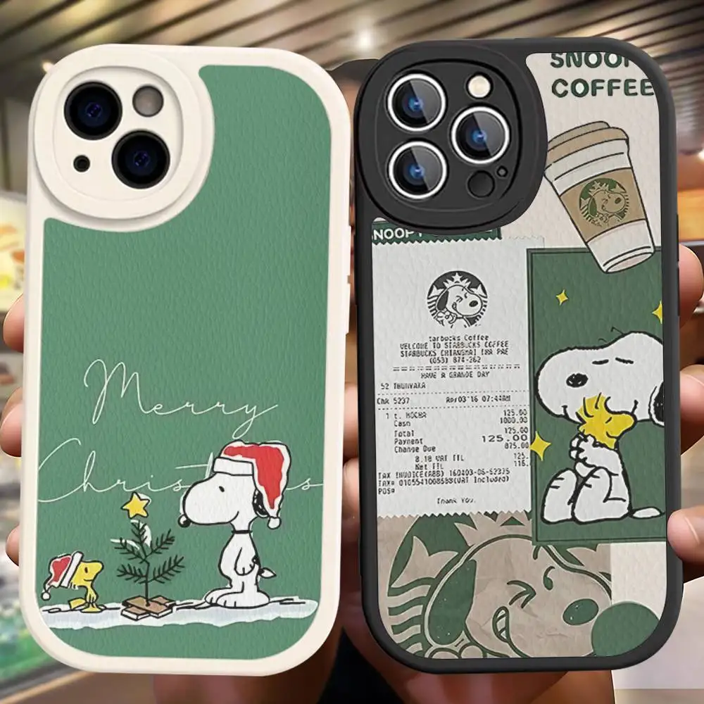 Niedliche Cartoon S-SnoopyS Kaffee-Leder-Handyhülle für iPhone 16 15 14 17 Pro Max 11 12 Mini Plus Softshell