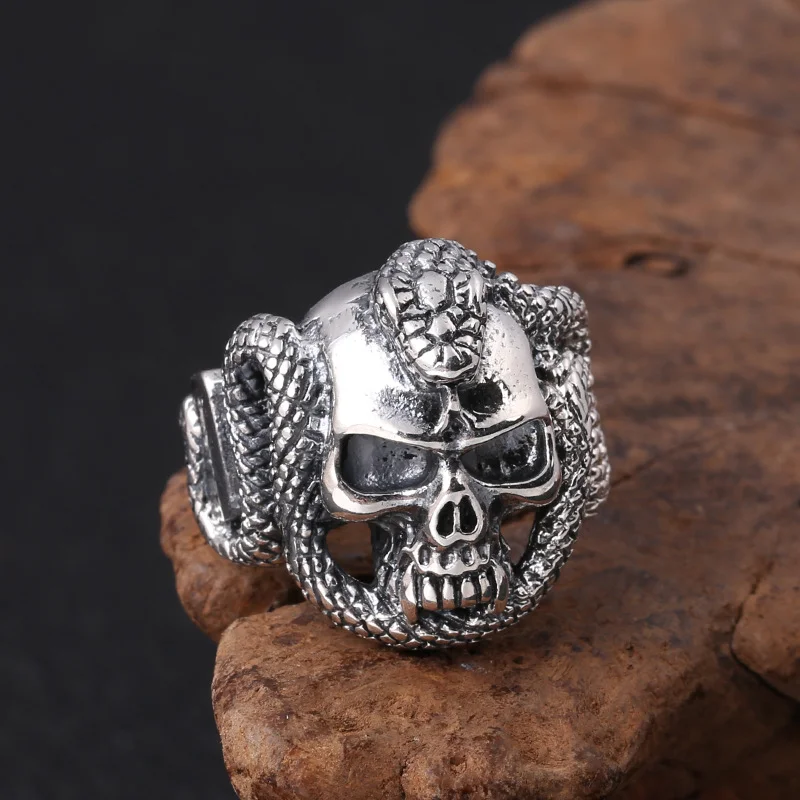 BOCAI NEW S925 Sterling Silver Jewelry Retro Thai Silver Domineering Skull Head Snake Ring for Men Fashionable Accessories