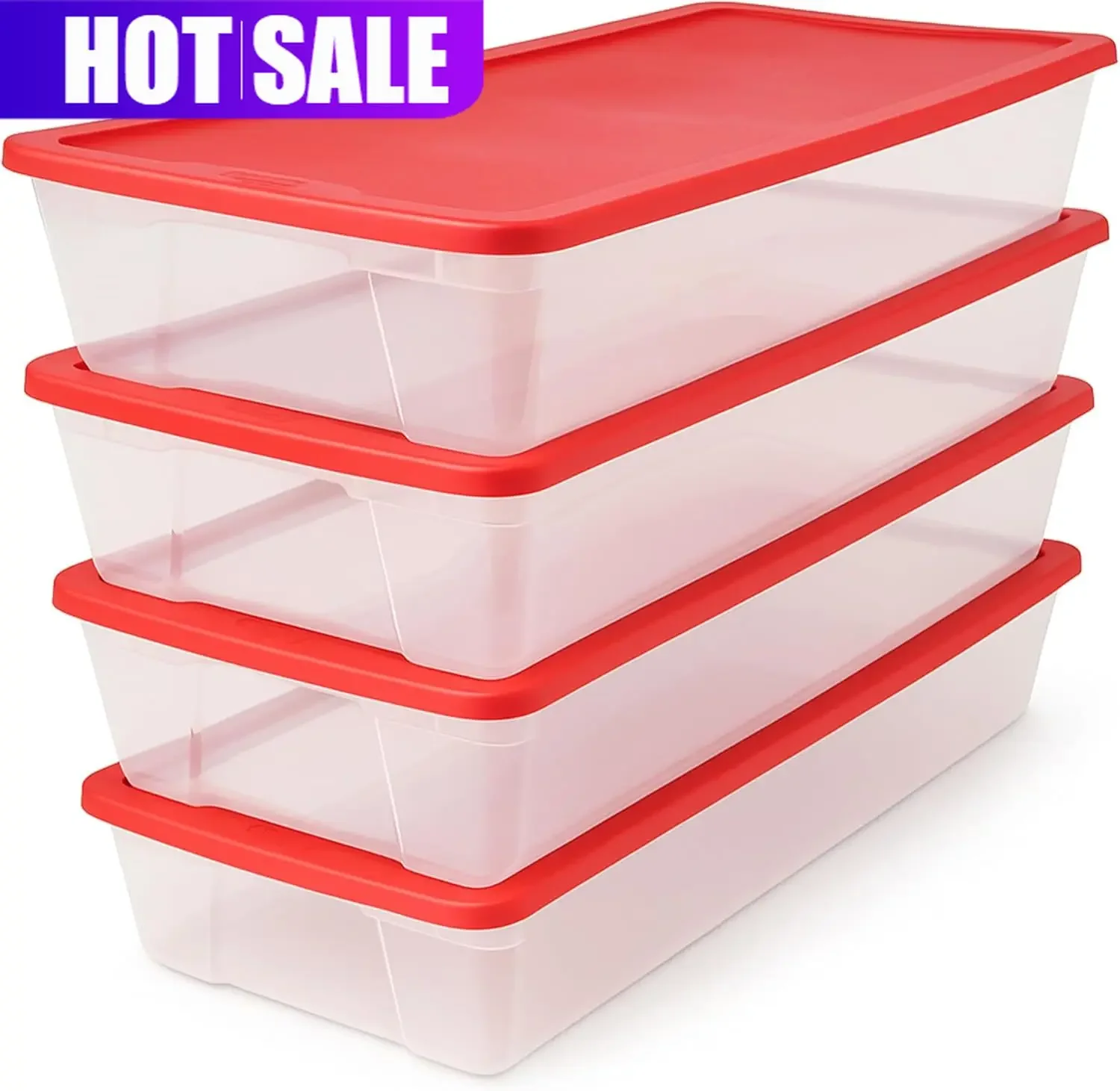 4-Pack Holiday Tote, Clear Plastic Storage Organizer Bins with Lids, 41 Quart, Red - Stackable Organizing Containers for Home