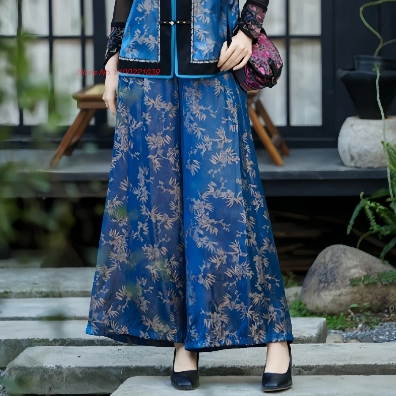 

2025 chinese vintage satin trousers national flower print folk pants traditional elastic waist pants ethnic wide leg trousers