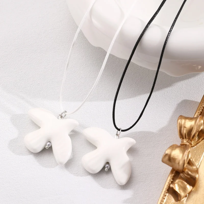 Ladies Retro Geometric Circular Hoop Long Fashion White Peace Dove Pendant Necklace With Black Cord Jewelry Gift