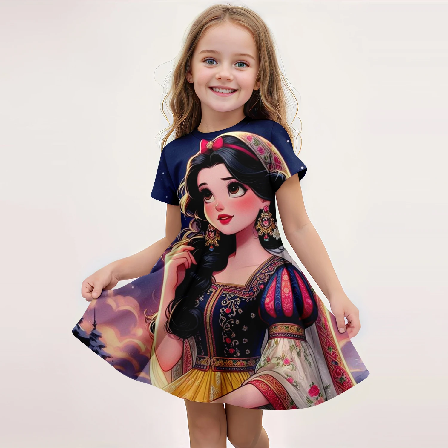 MINISO Snow White Summer Girl Dress Cute 3D Printed Disney Girl Dress Fashion Trendy Children\'s Clothing Party Performance Dress