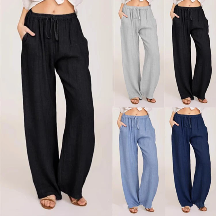 Cotton Linen High Waist Wide Leg Pants Women's Summer Cargo Trousers Casual Loose Fit Linen Pants for Women