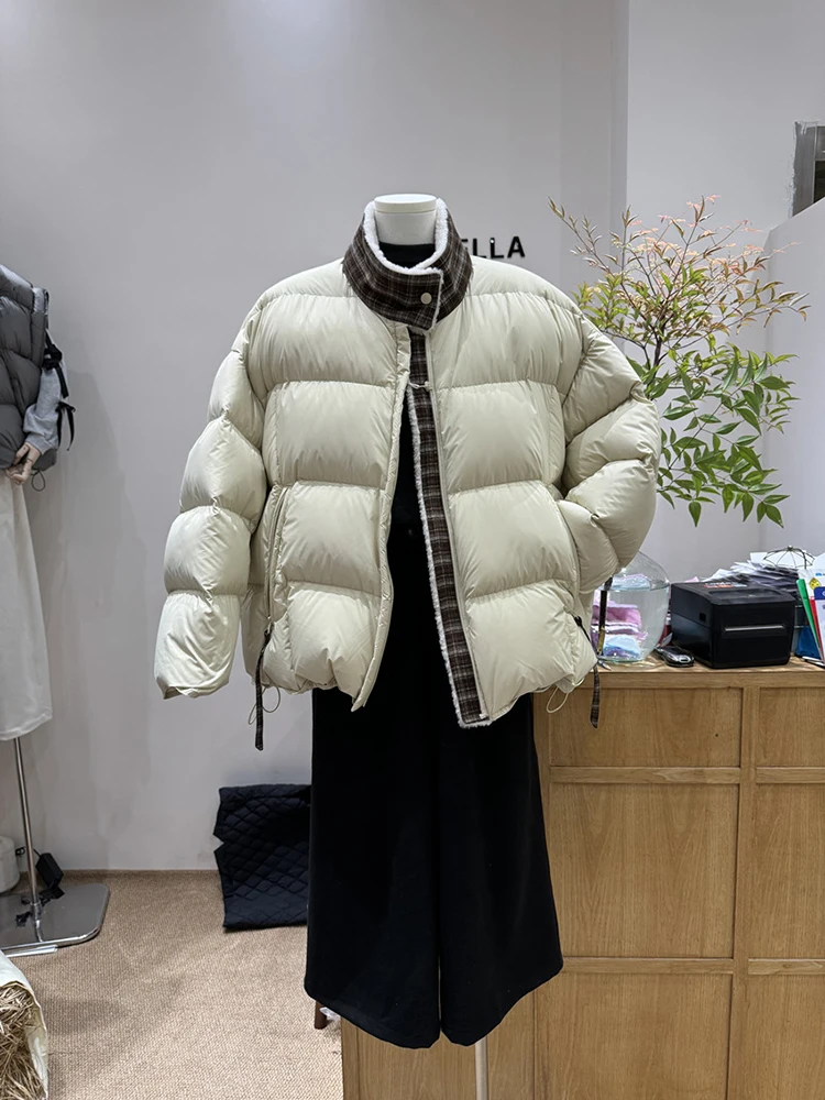 90 piumino da donna con colletto spesso in piumino d'anatra bianca in autunno e inverno, versatile giacca in colore a contrasto