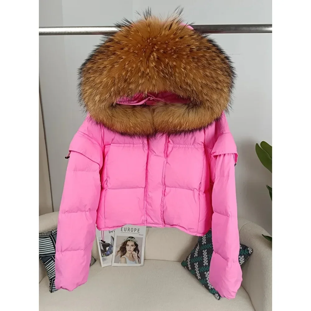 Autumn Winter Women Real Raccoon Fur Collar Hooded Detachable Sleeve Jacket Duck Down Loose Fashionable Streetwear Outerwear