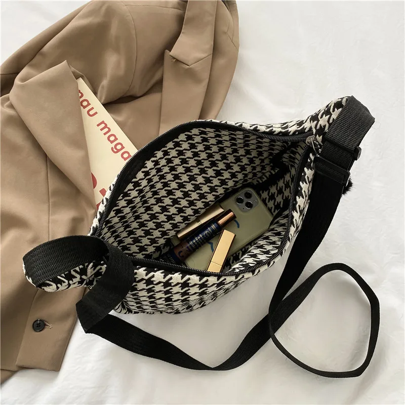 Classic Houndstooth Crossbody Bags Women Ins All Match Zipper Hobos Basic Stylish Shoulder Female Street Chic Simple Teenagers