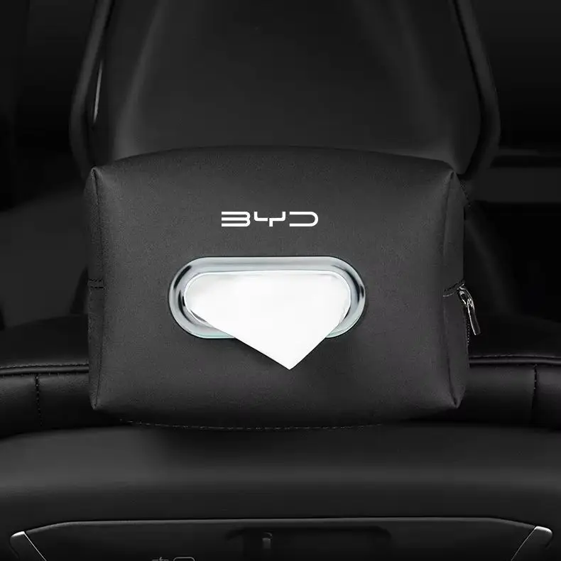 Seat‑Back Mount PU Leather Hanging Tissue Bag For BYD Dolphin Seal Atto3 Han Tang Song Yuan BYD Logo Car Napkin Holder Interior