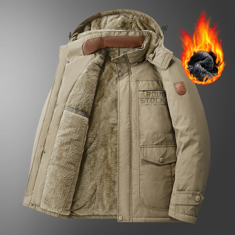 Windproof Thick Padded Jacket Mens Warm Sherpa Lined Winter Coat Detachable Hood Fleece Casual Plus Size Dad Outerwear Parka