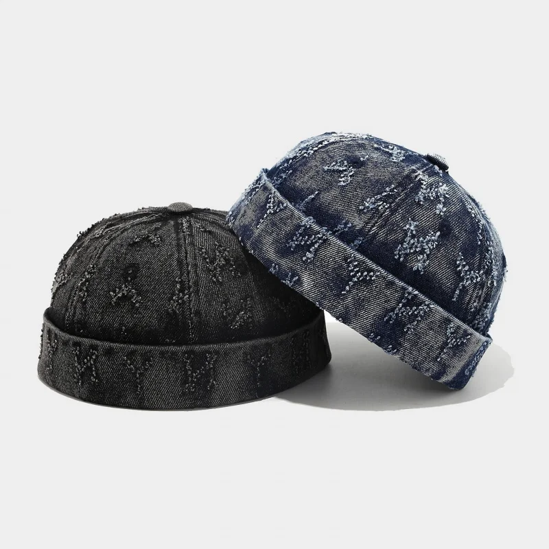 Vintage Washed Distressed Denim Letter Docker Cap Unisex Street Yuppie Hip Hop Landlord Hat