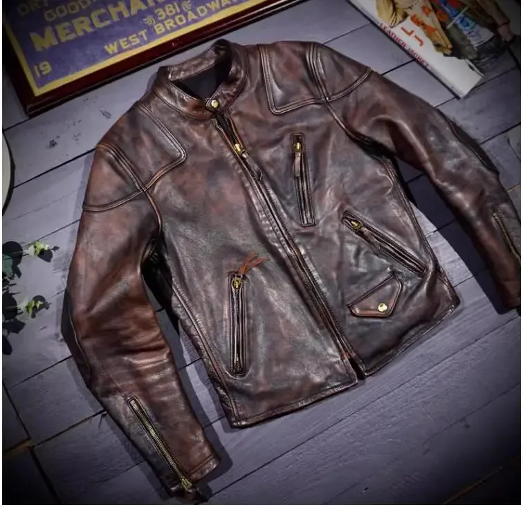 Shop Best.US Classic Motor Biker Luxury genuine leather jacket.Retro Brown tea core horsehide coat.Men vintage cloth