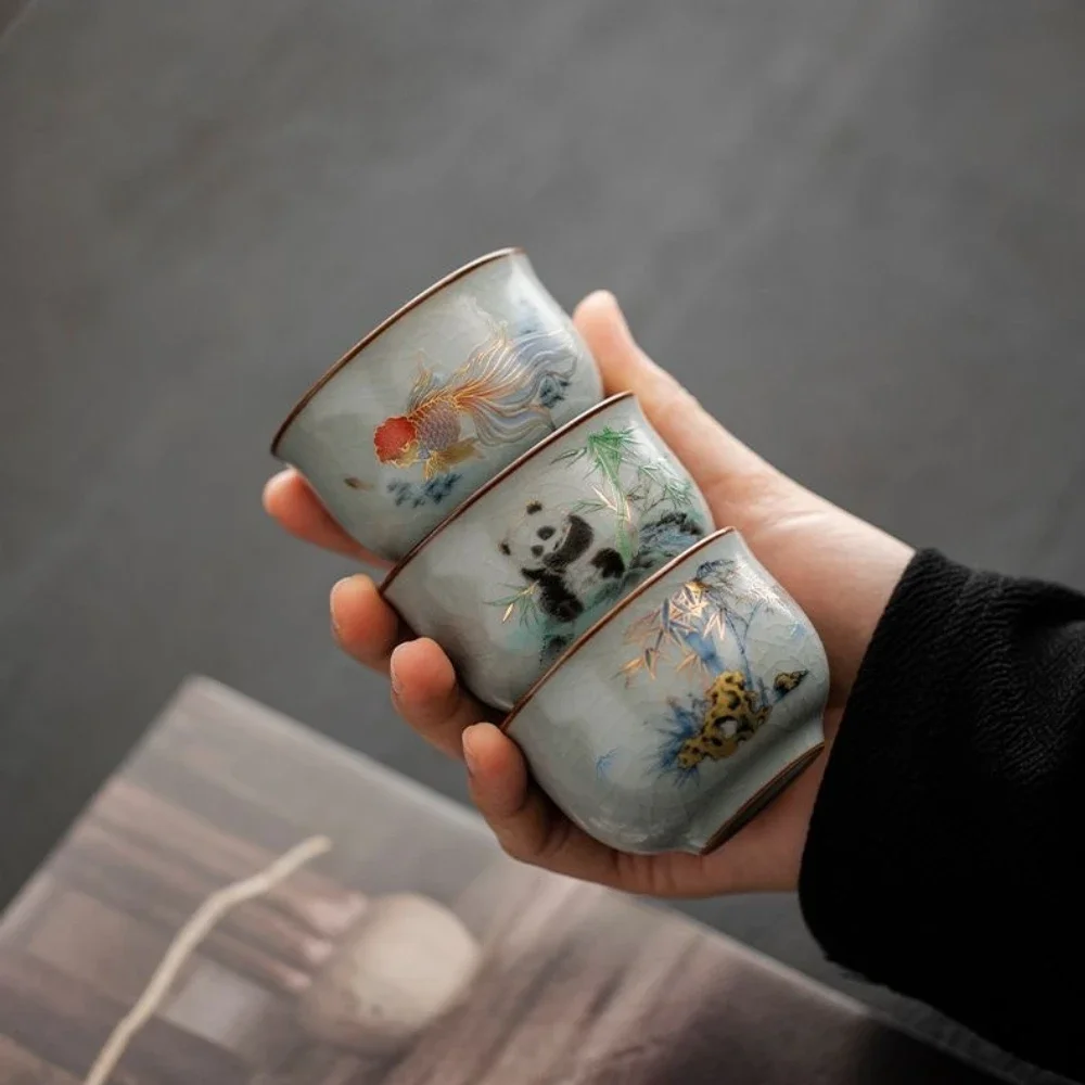 2PC Ru Kiln Teacup Can Be Raised By Opening The Piece TeaCup Household Ru Porcelain KungFu TeaSet Small Tea Bowl Fragrant Teacup