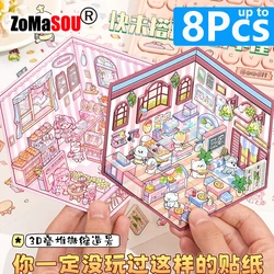1-8 ชิ้น DIY 3D สติกเกอร์การ์ตูนกระเป๋า Cabin ฉากซ้อนและวางเทศกาลวันเกิด Xmas ของขวัญเด็กนักเรียน