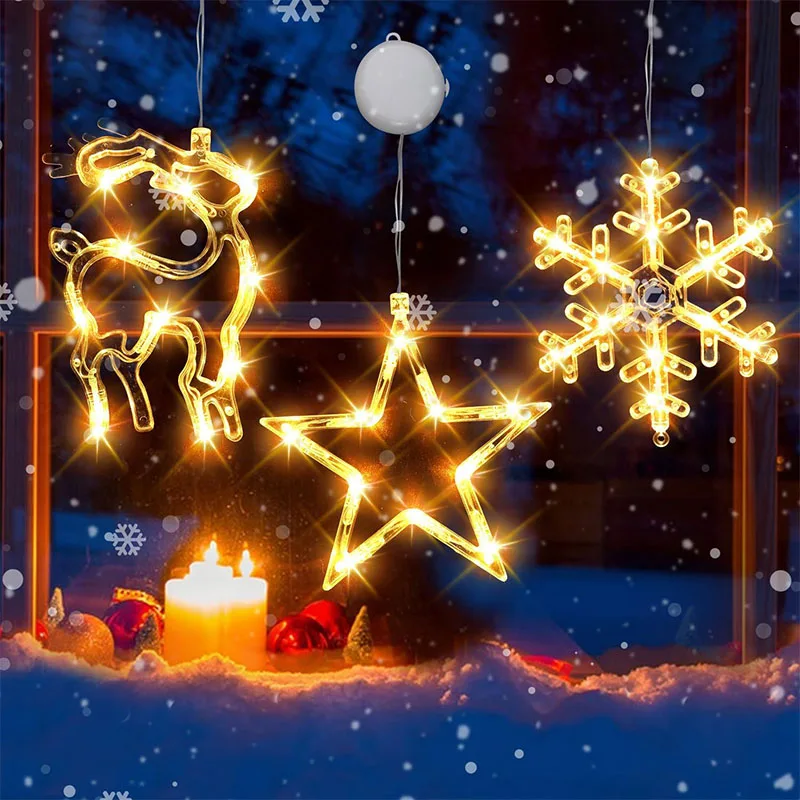 Christmas Window Decor Hanging Warm White Light Snowflake Tree Star Deer Shaped LED Sucker for Xmas Tree Fireplace Indoor Decor