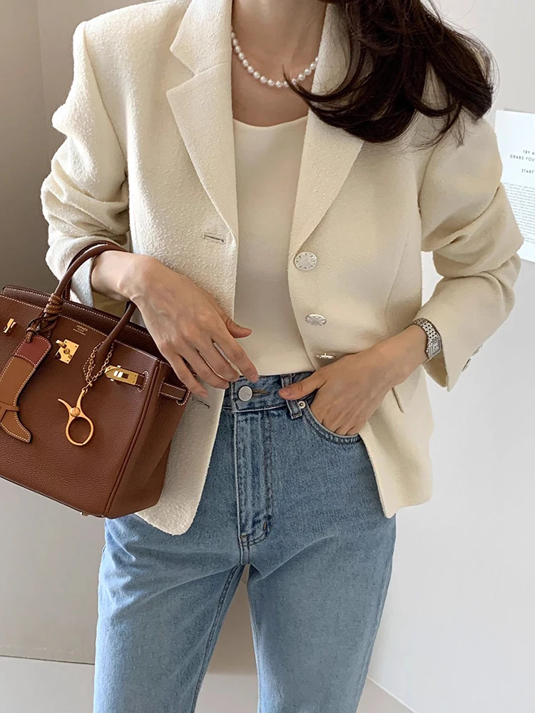 

Chic Korean Sle Women's Long Sve Woolen Jaet Loose Fit Suit Collar Outerwear Autumn New Arrival Faion Ele