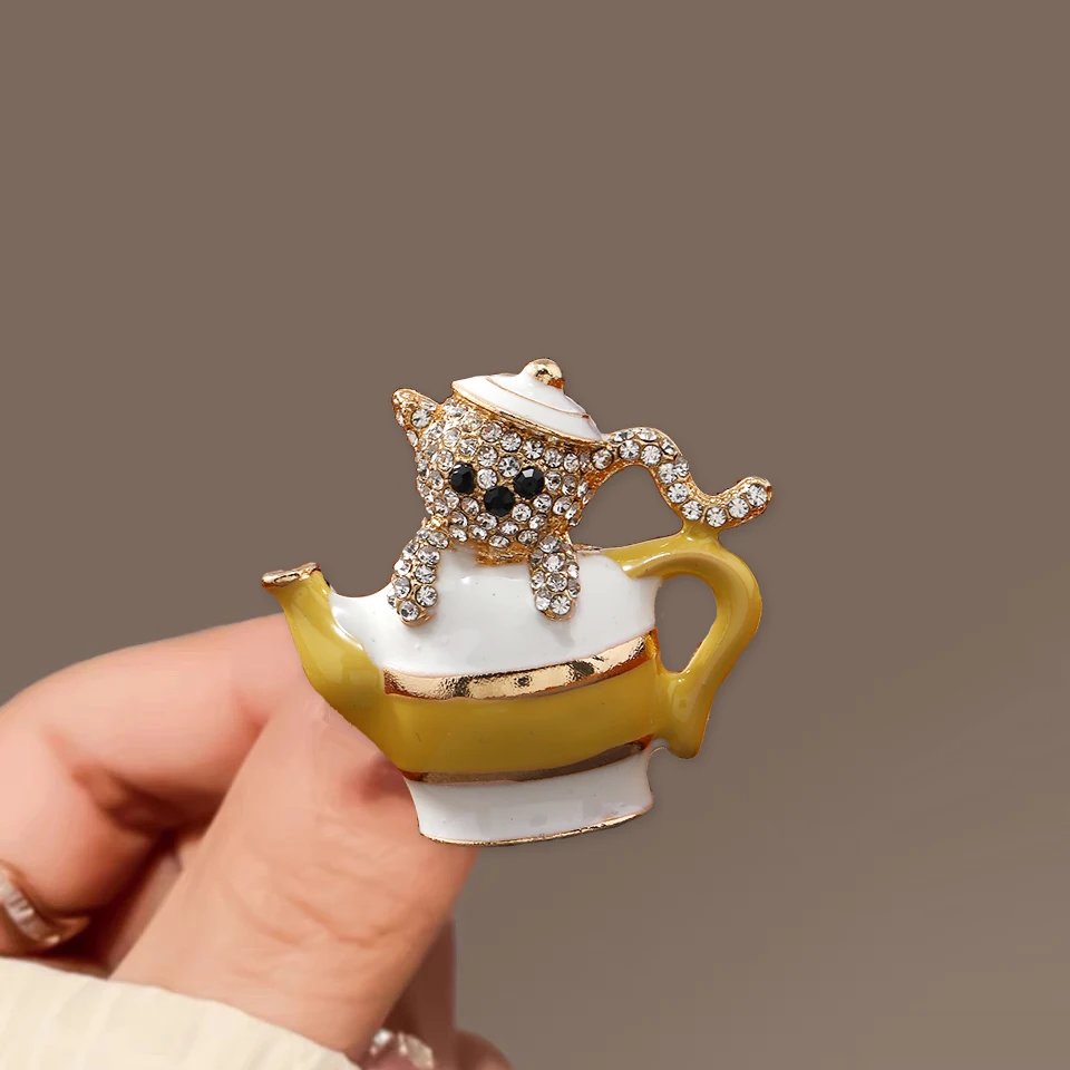 Morkopela Cute Enamel Mini Bear Sitting in The Teapot Brooch Cartoon Animal Pins Jewelry Gift Clothes Sweater Accessories