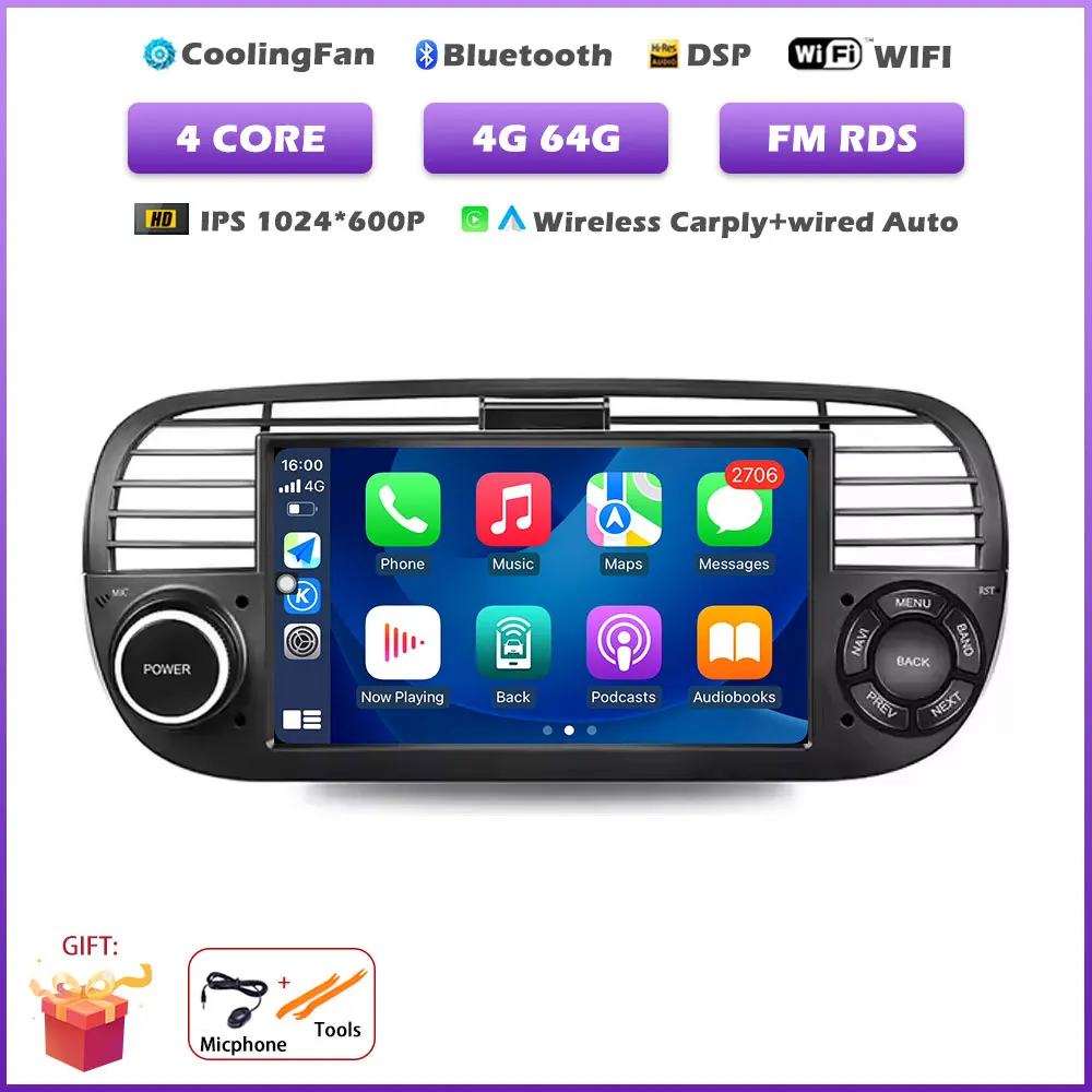 7 " Voor FIAT 500 2007-2015 GPS Navigatie Android 16 Auto Draadloze Carplay Auto Multimedia Video Speler Stereo Autoradio gereedschap BT