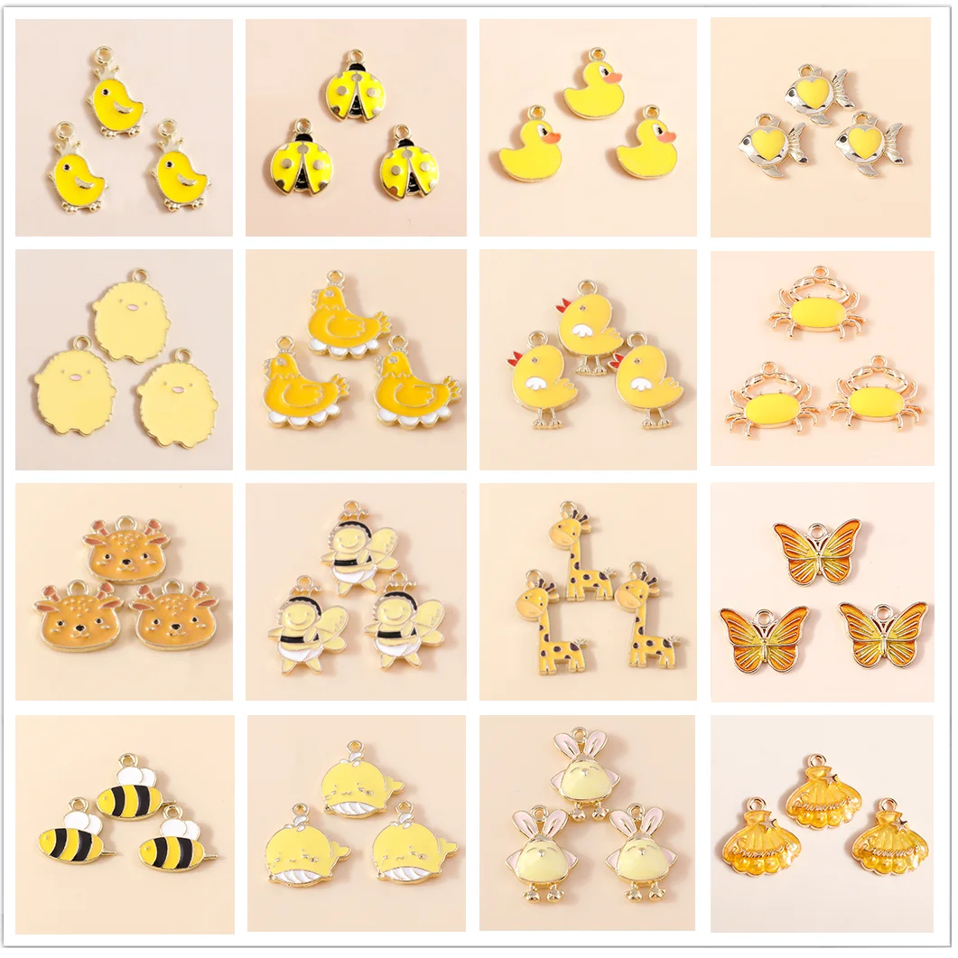 10pcs Mixed Cute Yellow Enamel Animal Charms Bird Whale Duck Shell Bee Fish Pendants DIY Necklaces Earrings Jewelry Making