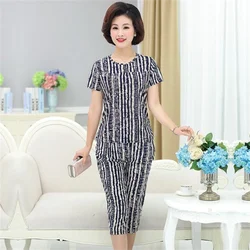 Summer Milk silk short-sleeved suit middle-aged women print tops +pants suit grandmother loose 2 pieces suits