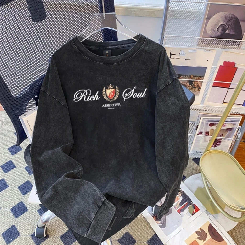 Faionable Loose Long Sve round Ne T-irt Cotton Casual Sle Worn-In Look Women's Autumn Top Printed Loose Top