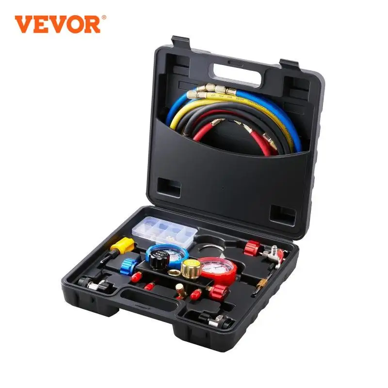 VEVOR 4 Way AC Gauge-AC Manifold Gauge Set with 5ft Hoses for R134A/R22/R12/R410A Work on Car Auto Freon Charging and Evacuation