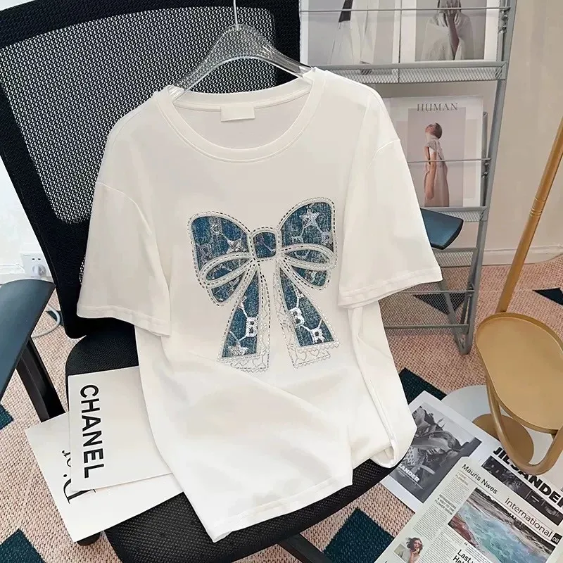 2025 New Korean Popular Lace Bow Print T-shirt Women Summer Short Sleeve Tee Casual Y2k Top Elegant Girls Clothes - Image 3