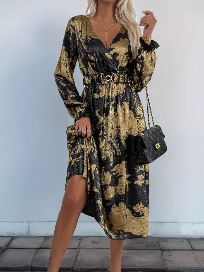 Elegant Women's Long Dress With Gold Foil Print V-neck Pullover Lantern Cuff Waist Belt Autumn New A-line big Swing skirt