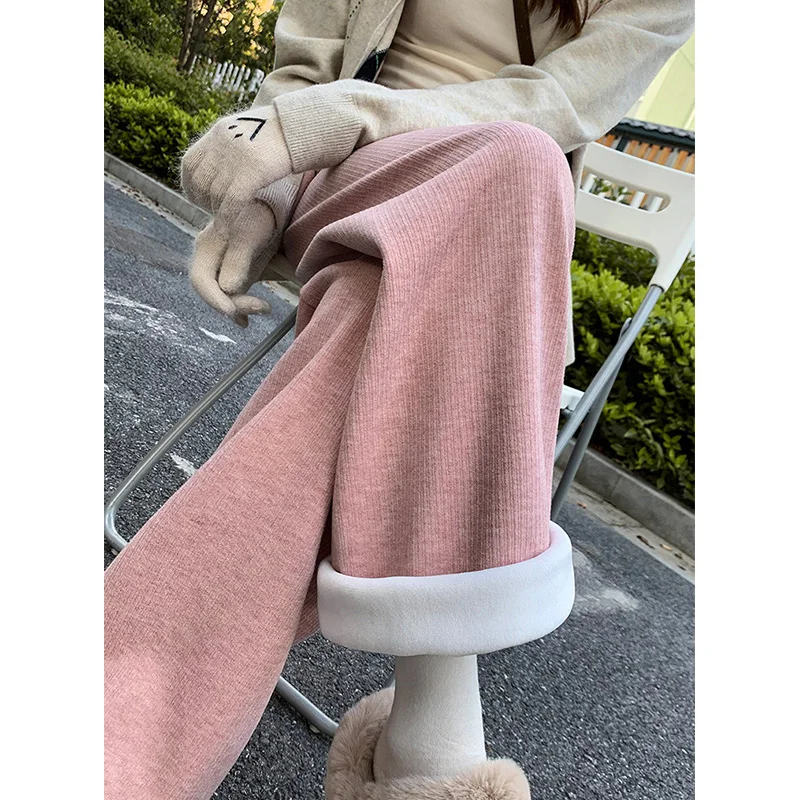 Cashmere Strip Wide Leg Pants Women Spring Autumn Single Layer Slim Loose High Waist Soft Glutinous Rice Mop Straight Trousers