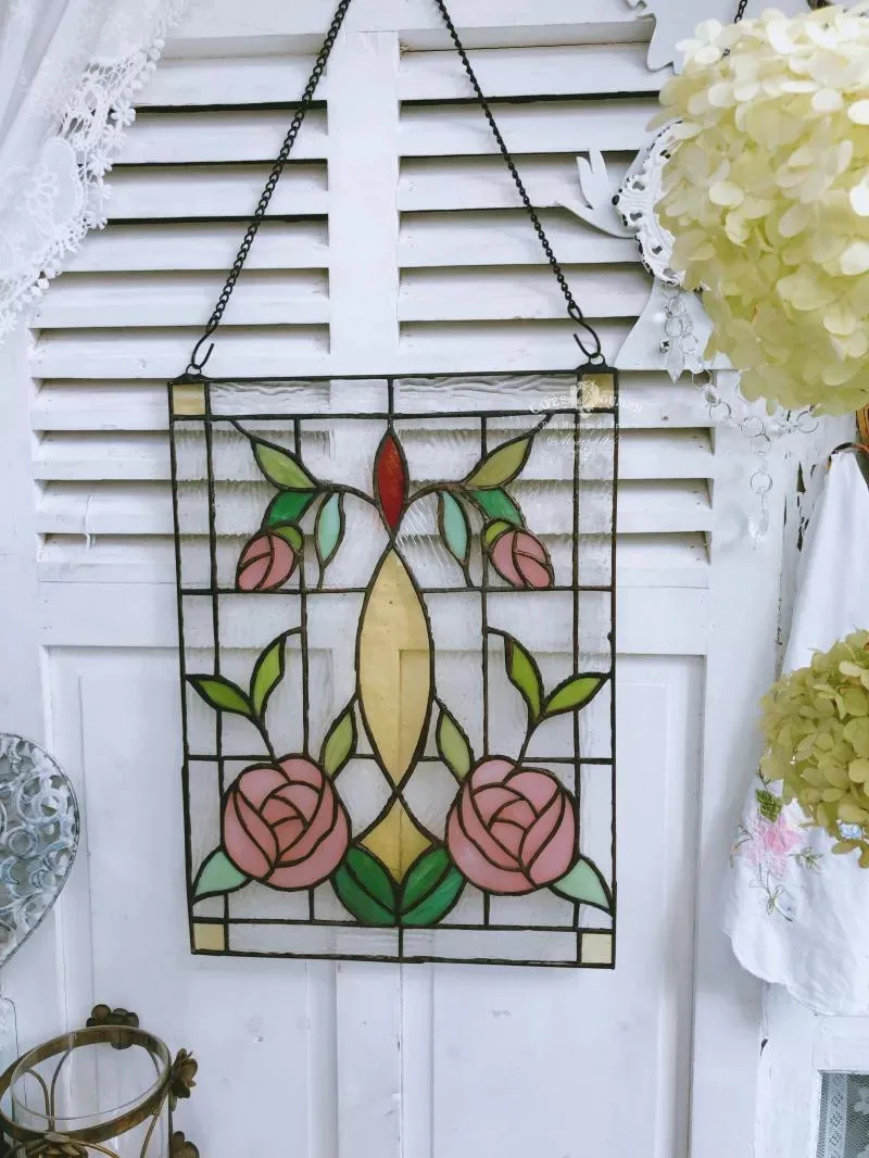 Handcrafted Stained Glass Window Panel, Vintage Rose Design with Pink Flowers, Decorative Hanging Art for Home,Garden,12-16 Inch