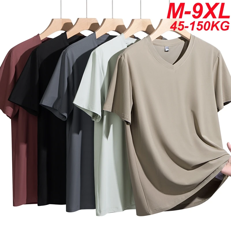 T-shirts en soie glacée grande taille pour hommes, col en V, fins et rafraîchissants, pour l'été 2026, tailles 5XL, 6XL, 7XL, 8XL, 9XL, pour hommes corpulents et de grande taille