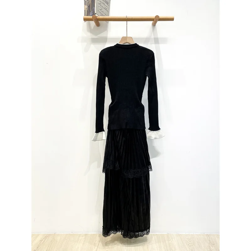 Women 2 Piece Outfit Set Rhinestone Button Knit Top & Lace Pleated Maxi Skirt With Belt Elegant Long Sleeve Lady Matching Dress