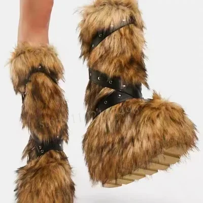 

Field Leather Fur Boots Women Sexy Brown Belt Crossover Design Knee Strap Booties Fur Plush Warm Flat Round Toe Slip Sporty Shoe