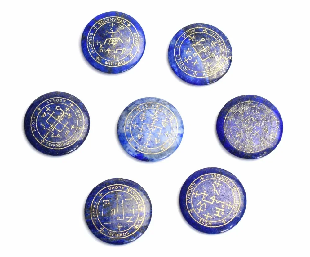 7 pieces Ultrathin Round Natural Chakra Semi-precious Stone Engraved Crystal Healing Seven Archangel Symbols Summon Magic Circle