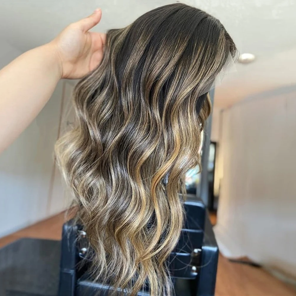 

Long Brunette Balayage Wig 13x4 Body Wave Lace Front Wig for Women High Temperature Fibre Synthetic Wig Dark Rooted Free Part