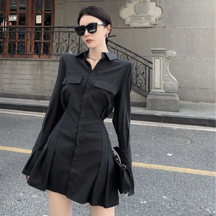 2024 Early Autumn New Lapel Neck Black Blouses Sexy Slim Waist Ruched Shirts Women Y2k Grunge Long Sleeve Blusas Mujer Dress