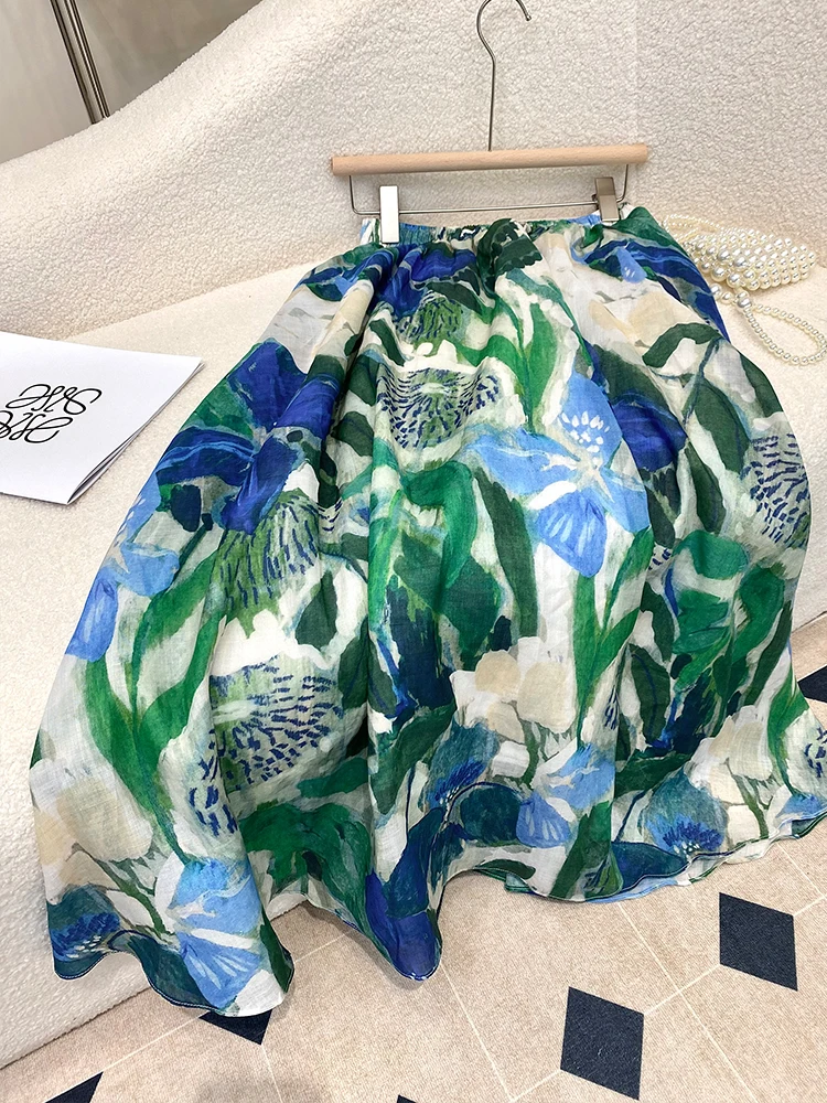 Summer New Women's A-Line Midi Skirt Floral Print Elastic Waist Loose Fit Meat Covering Large Flower Mid-Length Skirt