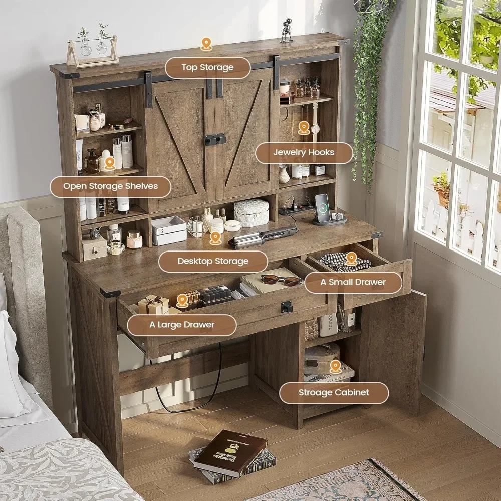 Dressing Table Makeup Vanity with Light, Vanity with Mirror and Lighting, and Charging Station Vanity Desk High-capacity