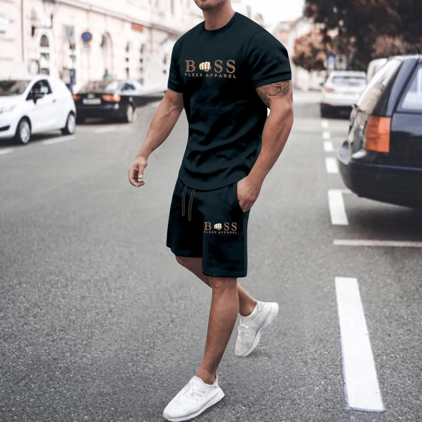 

Summer Men's Jogging 2 Piece Set Spring Summer Streetwear Short Sleeve O-Neck Tee Top +Short Sets Daily Male Tracksuit
