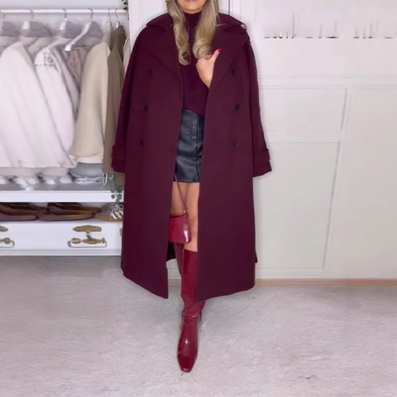 

Женская одежда Модное и элегантное однотонное свободное двубортное длинное пальто на шнуровке 2026, осень/зима, новый стиль, верхняя одежда