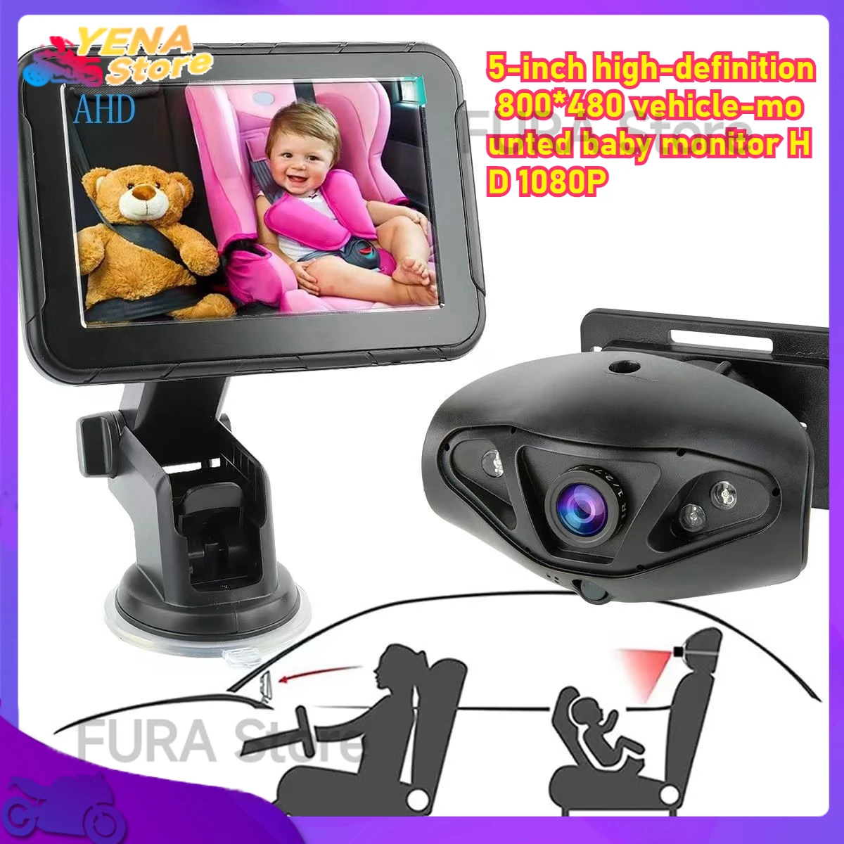 

Baby car monitor high-resolution camera, suitable for 5-inch 1080P rear-facing baby seats, car seat mirror 150° night vision
