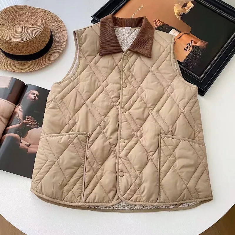 Women Ultralight Sleeveless Jacket Loose Patchwork Contrasting Collar Warm Vest Casual Button Closure Quilted Short Waistcoat