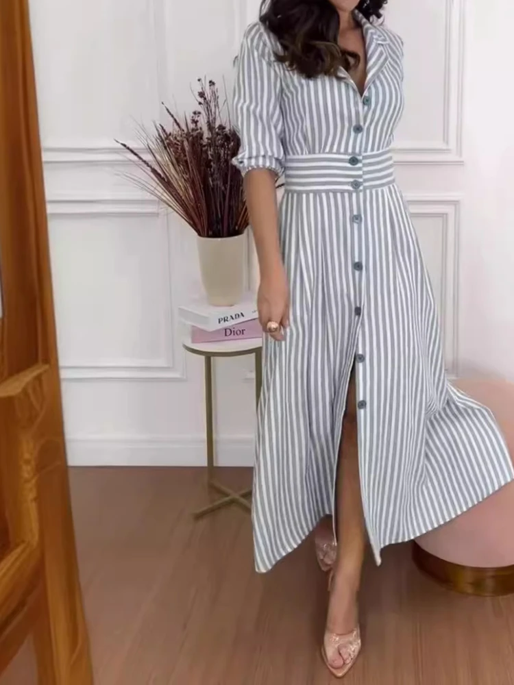 

Women Dress Shirt Dresses Print Striped Mid Length Vestidos A Line Tight Waist Turn Down Collar Full Sleeve Elegant Splice