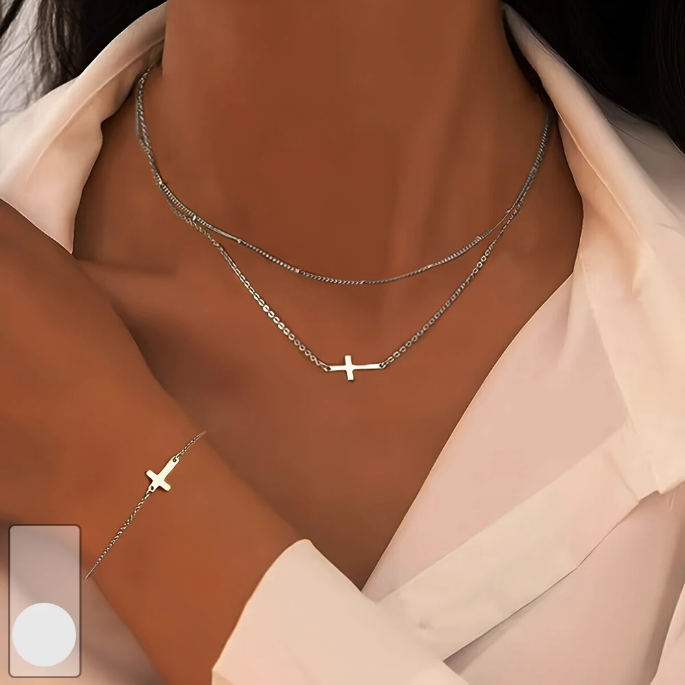 Vintage Gold Color Metal Cross Pendant Necklace Bracelet Jewelry Set for Women Simple Minimalist Match Daily Wear Accessories