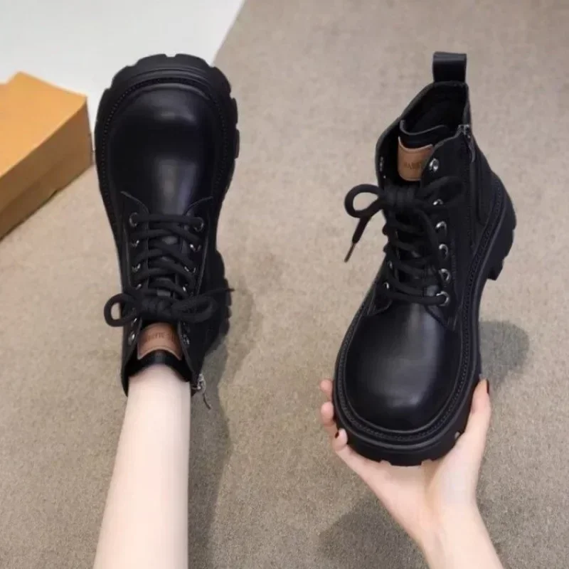 Ankle Boots Soft Leather Anti Slip Short Boots Thick Soled New Winter British Lace Up Comfort Platform Fashion Boots Women