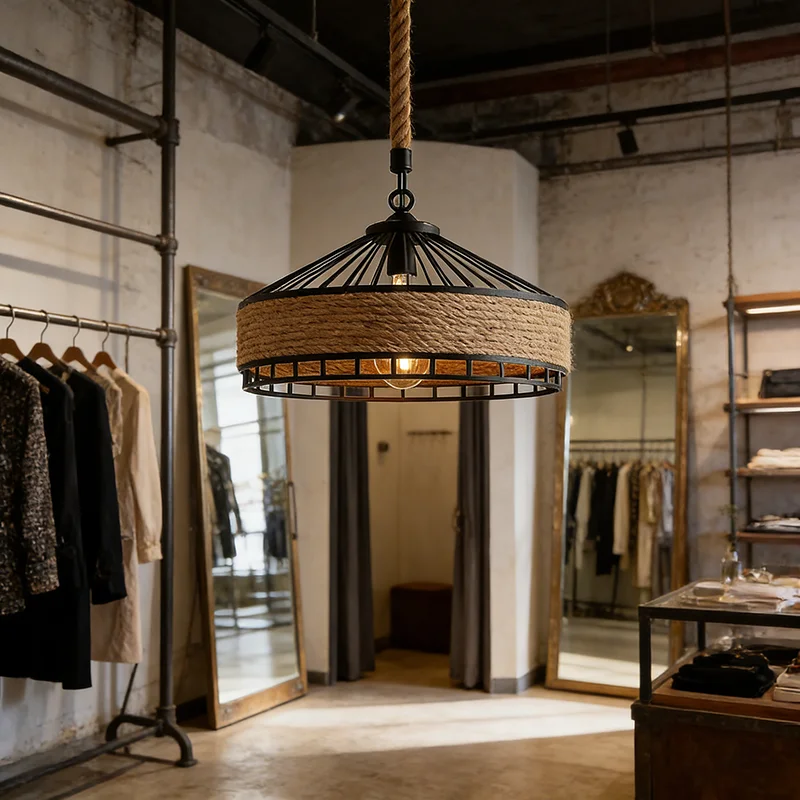 Hemp Rope Chandelier Vintage LED Pendant Light Reaturant Hanging Lamp Retro Lampshade for Living Room Home Decor